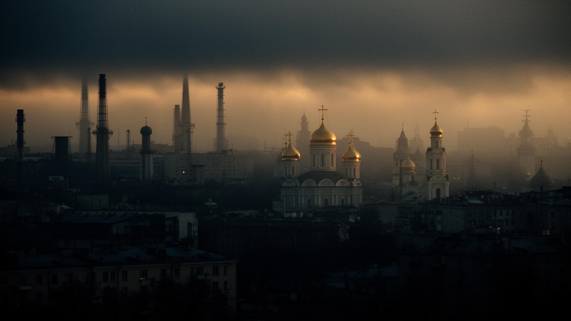 Cinematic moody view of Kyiv skyline with industrial smokestacks and golden Orthodox church domes at dusk